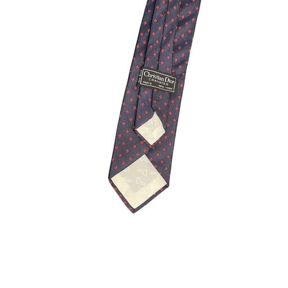 Christian Dior Men's Silk Tie Navy Blue with Red Polka Dot Pattern - Picture 7 of 8